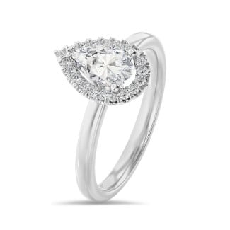 3.00 carat solitaire halo ring with pear diamond in white gold with round diamonds