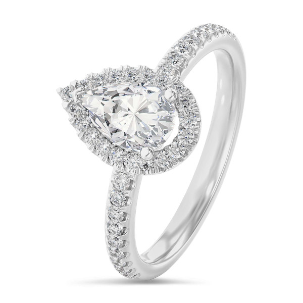 Rings - 1.00 carat solitaire halo ring with lab grown pear diamond in white gold with round lab grown diamonds