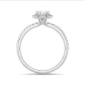 1.00 carat solitaire halo ring with lab grown pear diamond in white gold with round lab grown diamonds