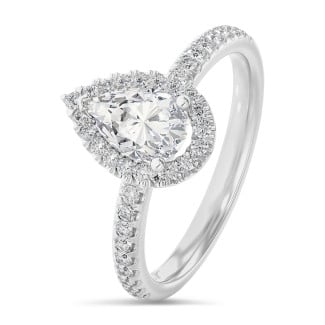 2.00 carat solitaire halo ring with pear diamond in white gold with round diamonds