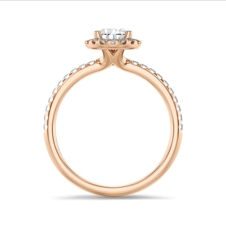 3.00 carat solitaire halo ring with lab grown pear diamond in red gold with round lab grown diamonds