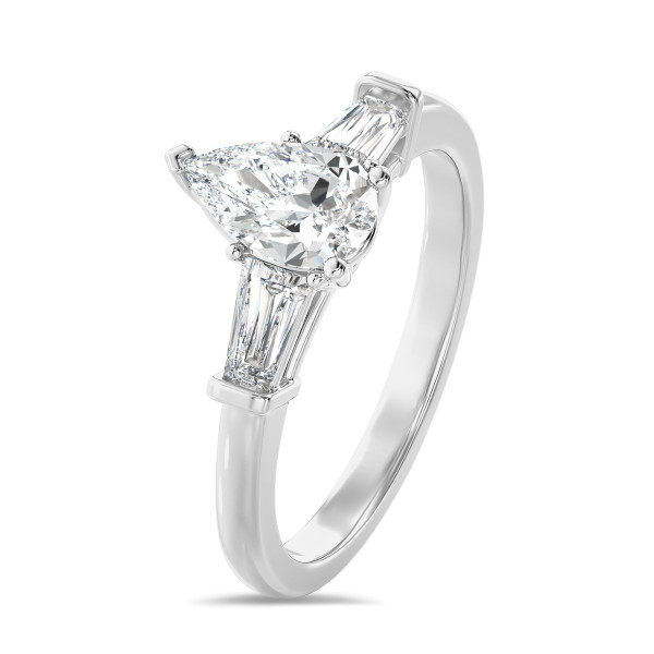 Engagement rings - 1.00 carat trilogy ring in white gold with lab grown pear diamond and lab grown tapered baguettes