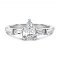 1.00 carat trilogy ring in platinum with lab grown pear diamond and lab grown tapered baguettes