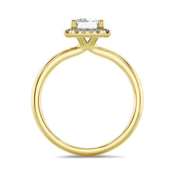 2.00 carat solitaire halo ring with a lab grown emerald cut diamond in yellow gold with round lab grown diamonds