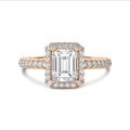 2.00 carat solitaire halo ring with a lab grown emerald cut diamond in red gold with round lab grown diamonds