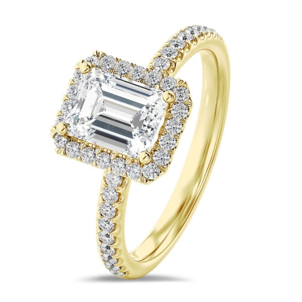 Rings - 1.00 carat solitaire halo ring with a emerald cut diamond in yellow gold with round diamonds