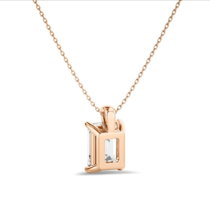 1.00 carat solitaire emerald cut diamond pendant in red gold