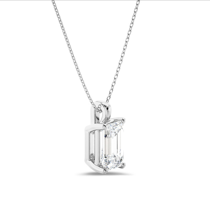 2.00 carat solitaire lab grown emerald cut diamond pendant in white gold
