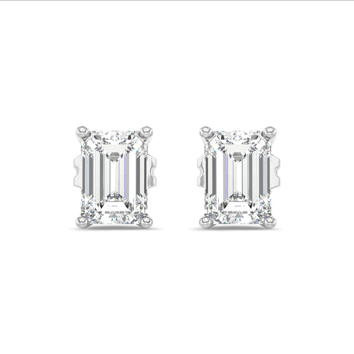 2.00 carat solitaire emerald cut diamond earrings in white gold