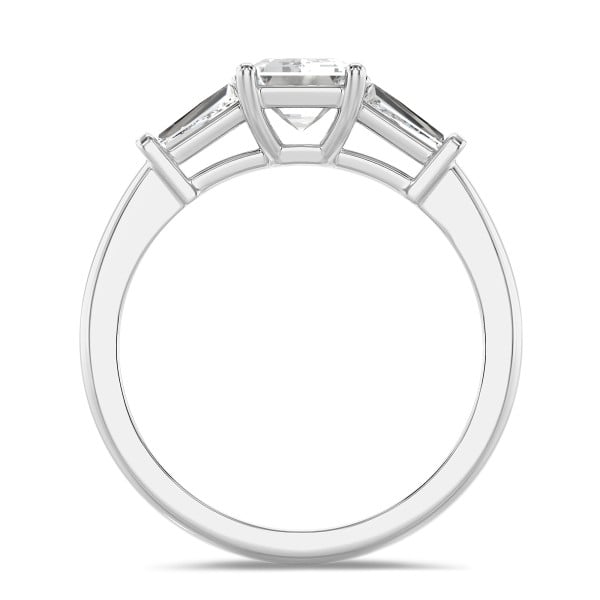 1.00 carat trilogy ring in platinum with a lab grown emerald cut diamond and lab gown tapered baguettes