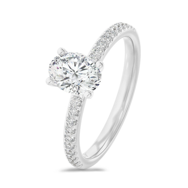 Engagement rings - 1.00 carat solitaire ring with lab grown oval diamond in white gold with lab grown side diamonds