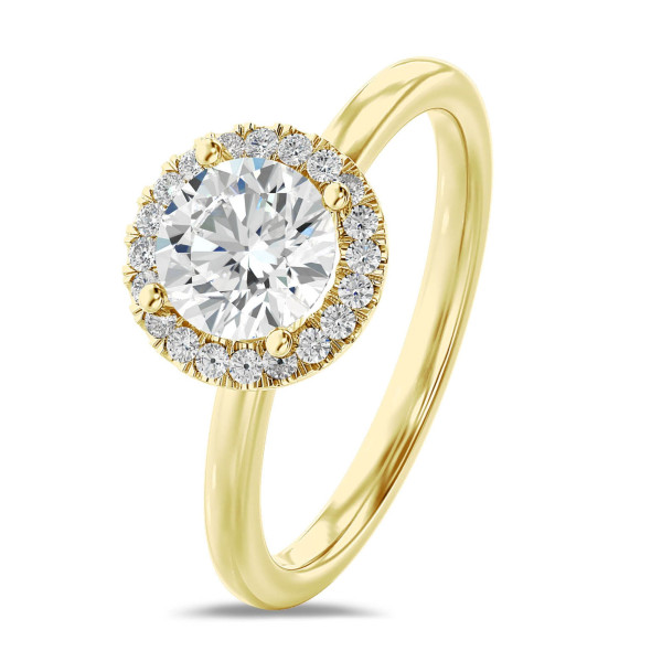 1.50 carat solitaire halo ring in yellow gold with round lab grown diamonds