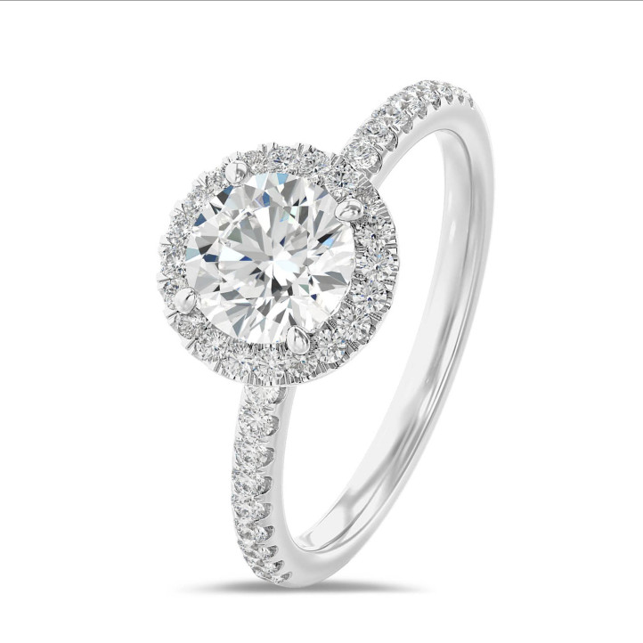 2.00 carat solitaire halo ring in white gold with round diamonds