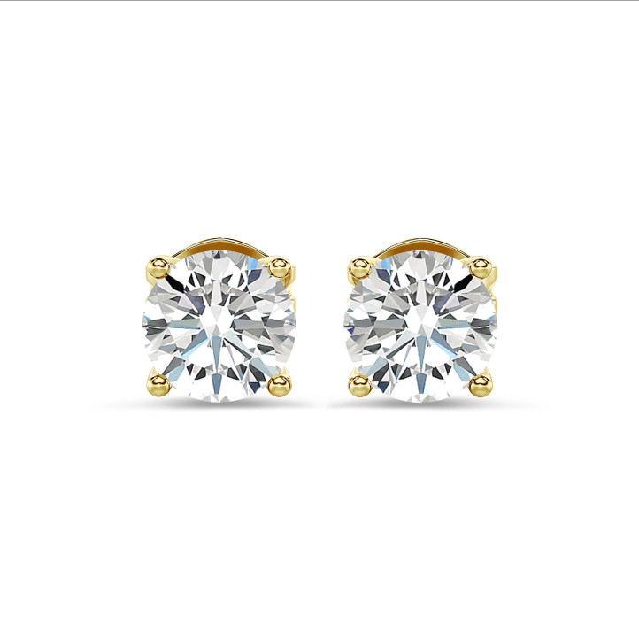 2.00 carat solitaire earrings with round diamonds in yellow gold