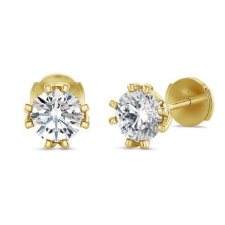 2.00 carat solitaire diamond earrings in yellow gold with eight prongs