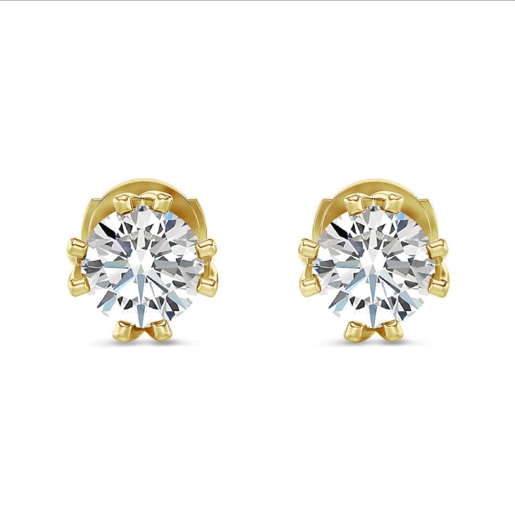 2.00 carat solitaire diamond earrings in yellow gold with eight prongs