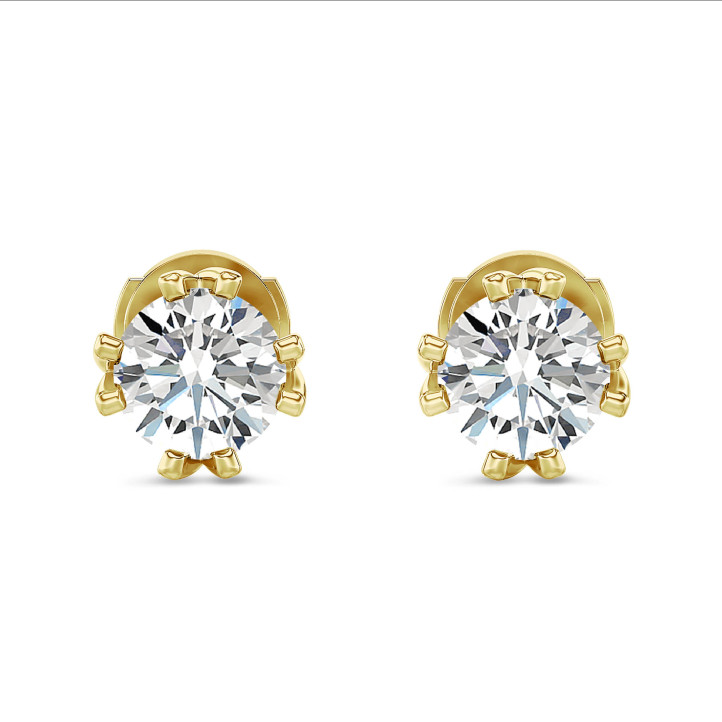 2.00 carat solitaire lab grown diamond earrings in yellow gold with eight prongs