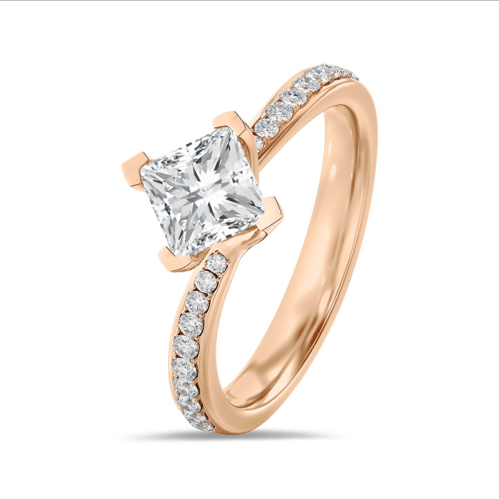 2.50 carat solitaire ring in red gold with lab grown princess diamond and lab grown side diamonds
