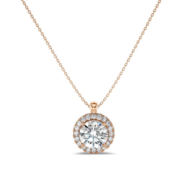 1.00 carat diamond halo necklace in red gold