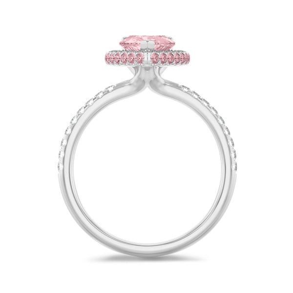 Search all PLP - 1.00 carat solitaire white halo ring with pink side halo and pink lab grown pear diamond and lab grown side diamonds in white gold