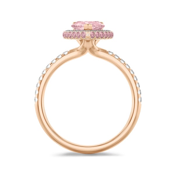 Rings - 1.50 carat solitaire white halo ring with pink side halo and pink pear diamond and side diamonds in red gold