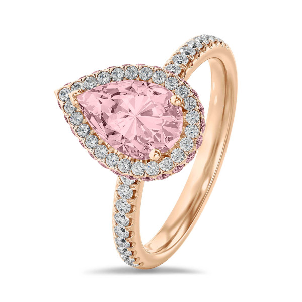Rings - 3.00 carat solitaire white halo ring with pink side halo and pink lab grown pear diamond and lab grown side diamonds in red gold
