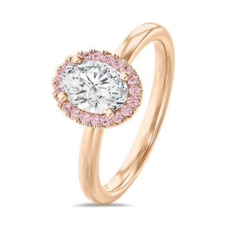 1.00 carat solitaire halo ring with lab grown oval diamond in red gold with round pink lab grown diamonds
