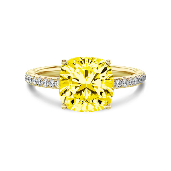 3.00 carat solitaire ring in yellow gold with yellow lab grown cushion diamond and lab grown side diamonds
