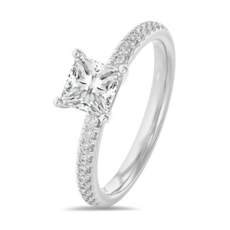 5.00 carat solitaire ring with a lab grown princess diamond in white gold with lab grown side diamonds