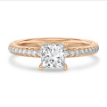 5.00 carat solitaire ring with a lab grown princess diamond in red gold with lab grown side diamonds