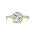 5.00 carat solitaire halo ring in yellow gold with round lab grown diamonds