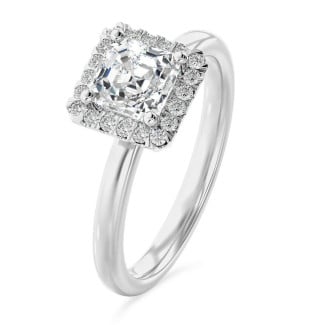 2.00 carat solitaire halo ring with a asscher cut diamond in white gold and round diamonds