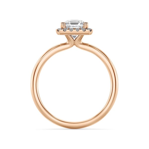 1.00 carat solitaire halo ring with a lab grown asscher cut diamond in red gold and round lab grown diamonds