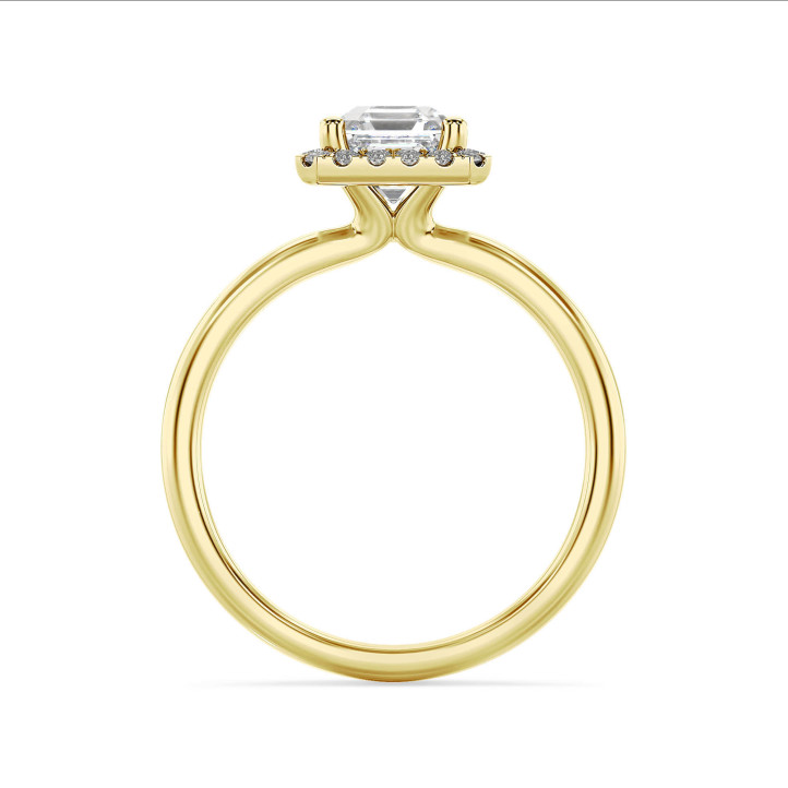 1.00 carat solitaire halo ring with a asscher cut diamond in yellow gold and round diamonds