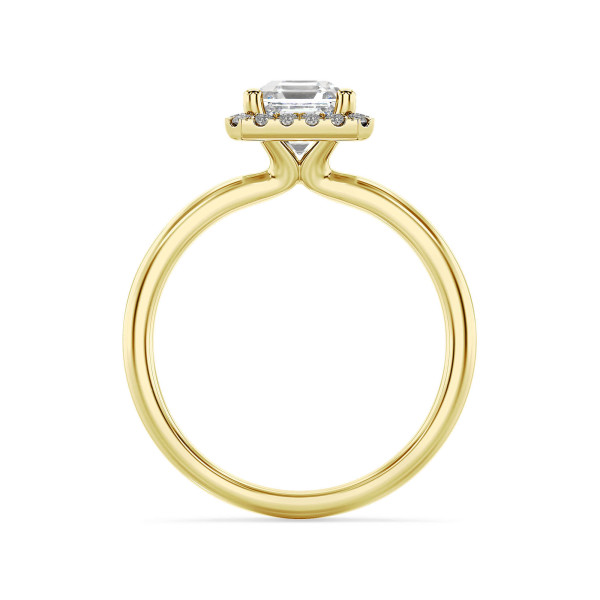 1.50 carat solitaire halo ring with a lab grown asscher cut diamond in yellow gold and round lab grown diamonds