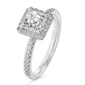 2.00 carat solitaire halo ring with a lab grown asscher cut diamond in white gold and round lab grown diamonds