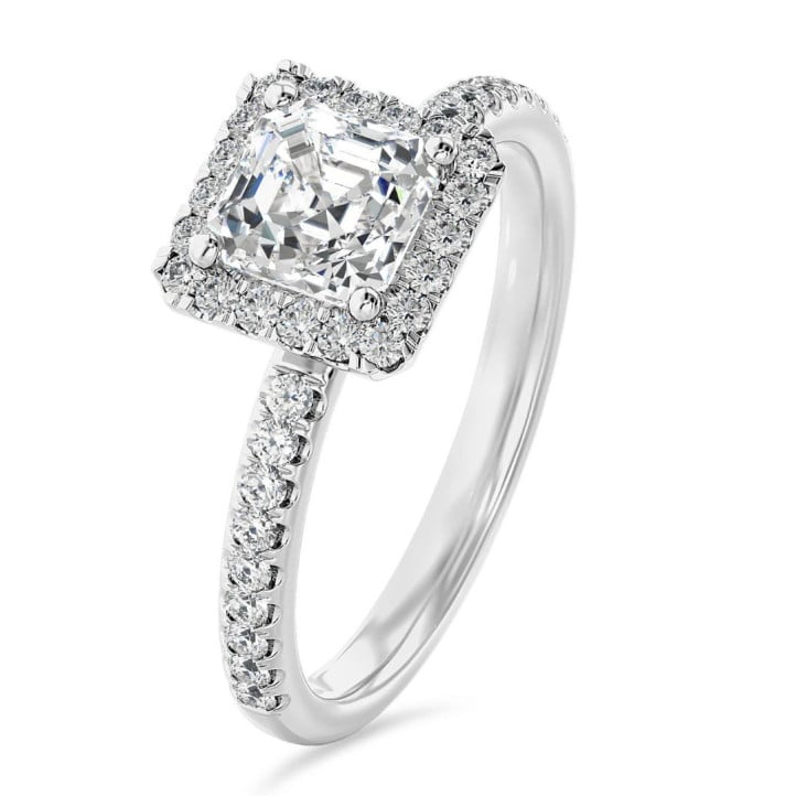 2.00 carat solitaire halo ring with a lab grown asscher cut diamond in white gold and round lab grown diamonds
