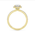 1.50 carat solitaire halo ring with a lab grown asscher cut diamond in yellow gold and round lab grown diamonds