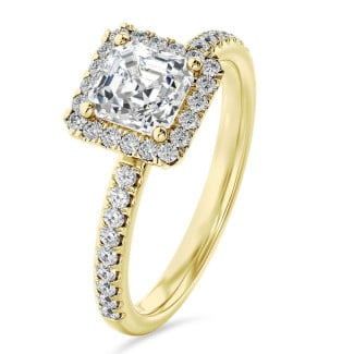 3.00 carat solitaire halo ring with a asscher cut diamond in yellow gold and round diamonds