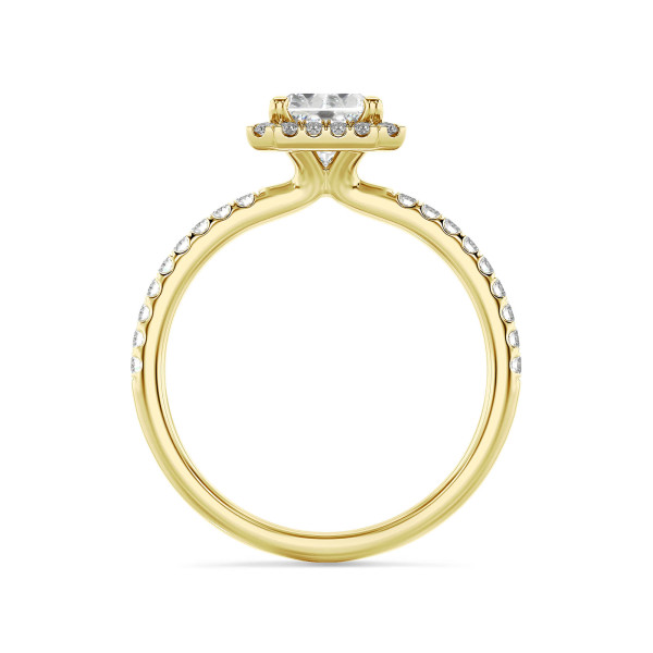 2.00 carat solitaire halo ring with a lab grown radiant cut diamond in yellow gold and round lab grown diamonds