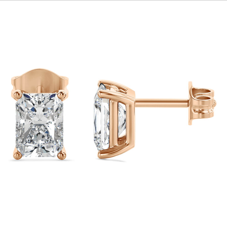 4.00 carat solitaire earrings in red gold with lab grown radiant cut diamonds