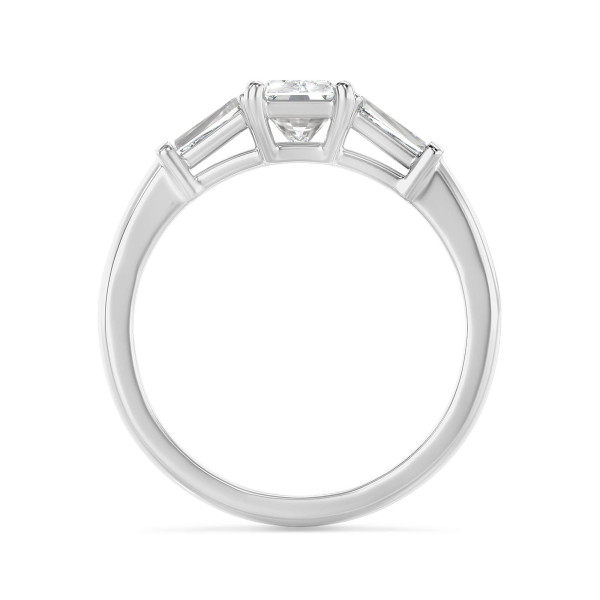 1.00 carat trilogy ring in platinum with a lab grown radiant cut diamond and lab gown tapered baguettes