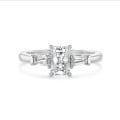 1.00 carat trilogy ring in platinum with a lab grown radiant cut diamond and lab gown tapered baguettes