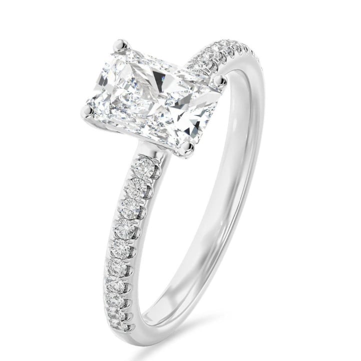 2.50 carat solitaire ring with a lab grown radiant cut diamond in white gold and lab grown side diamonds
