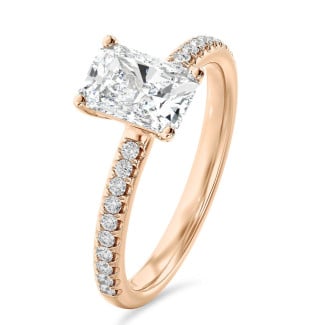 2.00 carat solitaire ring with a lab grown radiant cut diamond in red gold and lab grown side diamonds