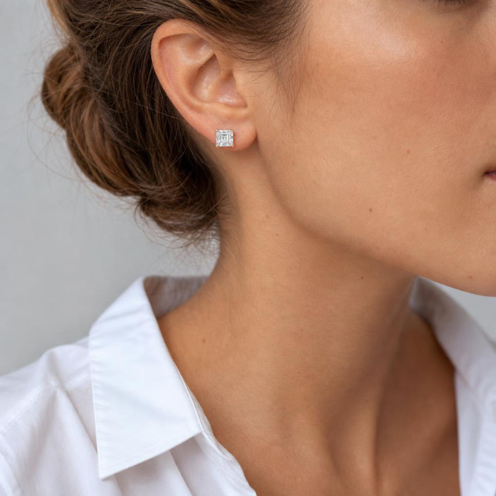 2.00 carat solitaire lab grown asscher cut diamond earrings in red gold