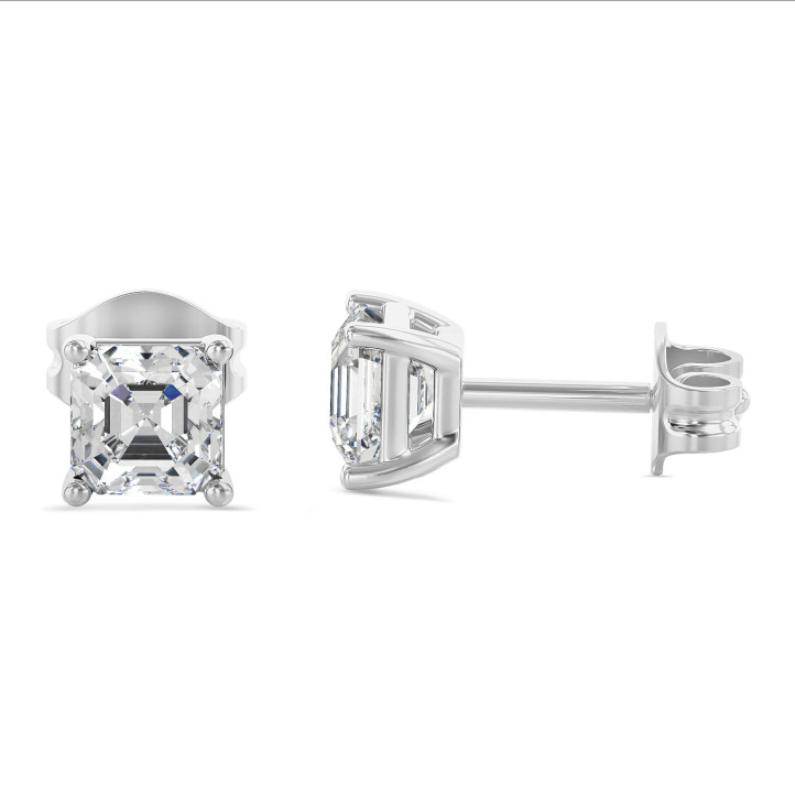 3.00 carat solitaire asscher cut diamond earrings in white gold