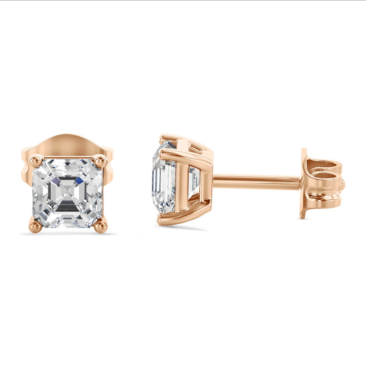 4.00 carat solitaire lab grown asscher cut diamond earrings in red gold