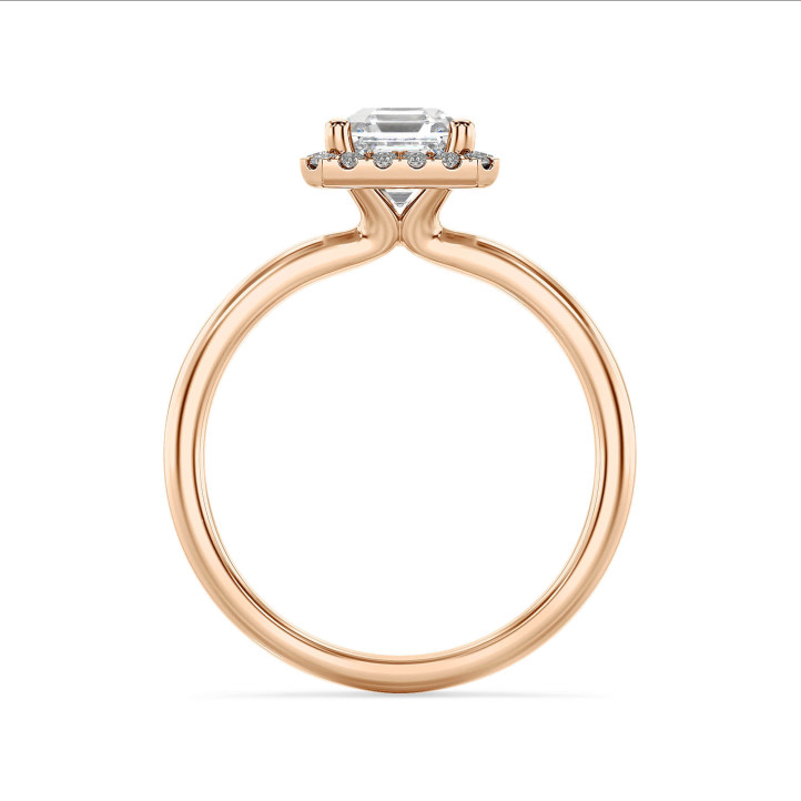 5.00 carat solitaire halo ring with a lab grown asscher cut diamond in red gold and round lab grown diamonds