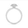 5.00 carat solitaire halo ring with a lab grown asscher cut diamond in white gold and round lab grown diamonds